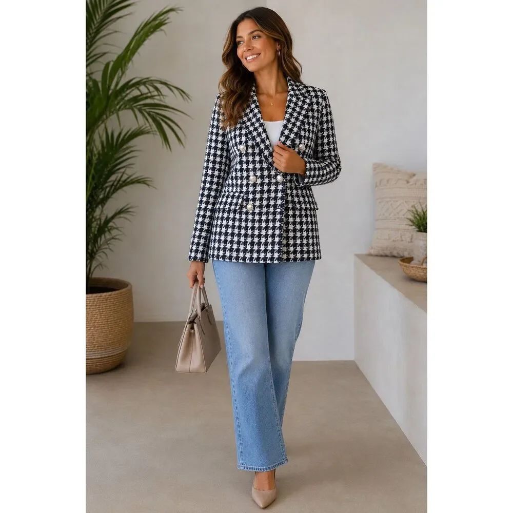 Zara Textured Houndstooth Jacket Blazer Silver Buttons Size XS